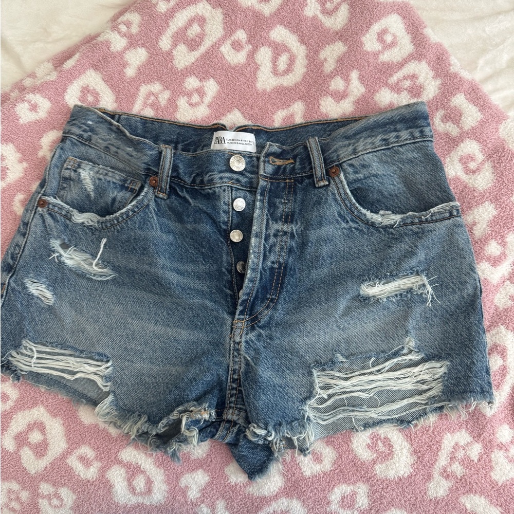 Zara Blue Jean Shorts Distressed Cut-Off
